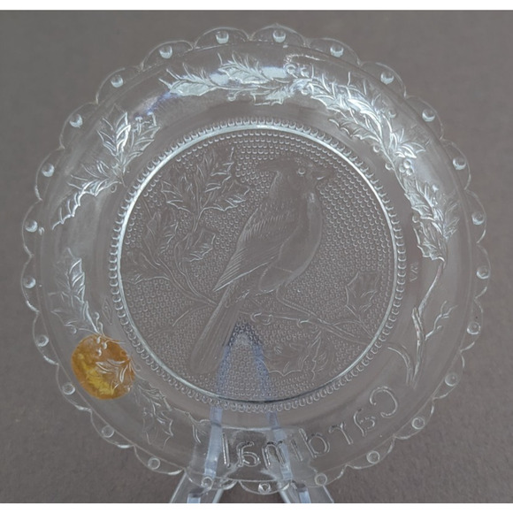 Cardinal Bird Glass Window Decor Pairpoint Cup Plate Clear Vintage 3.5" - Picture 6 of 8
